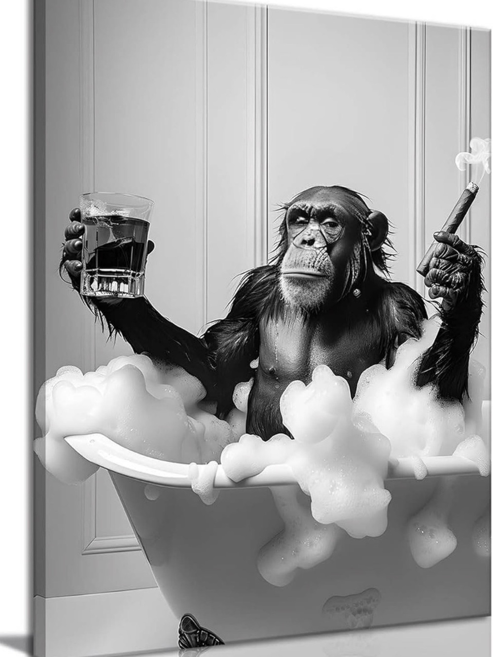 NEW Funny Chimpanzee in Bathtub Canvas Wall Art | Bathroom Decor | 12” x 16”